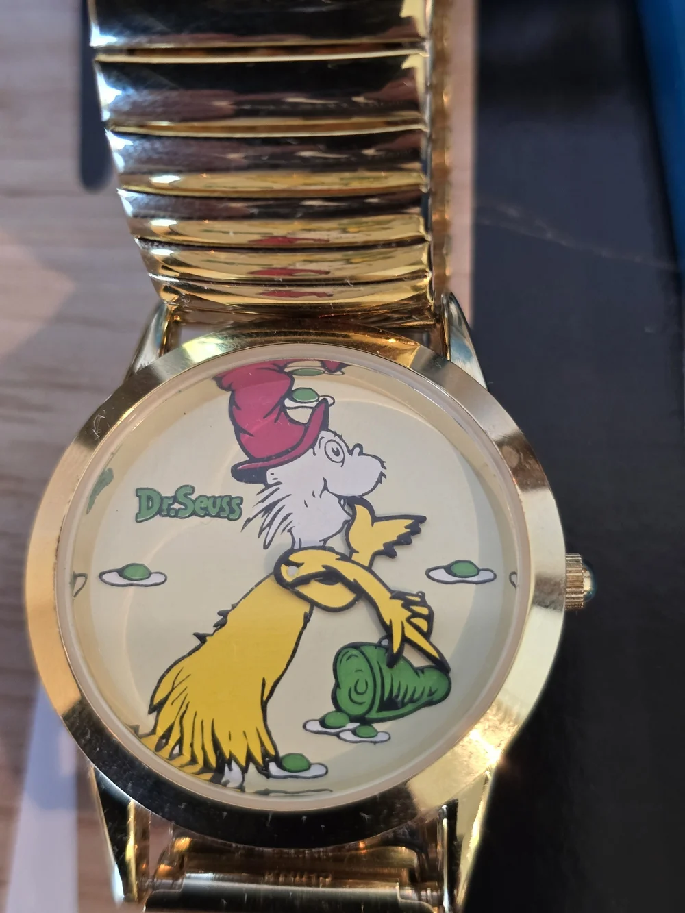 Vintage Dr. Seuss Gold Tone Watch with Red, Cream, Yellow and Green Accents